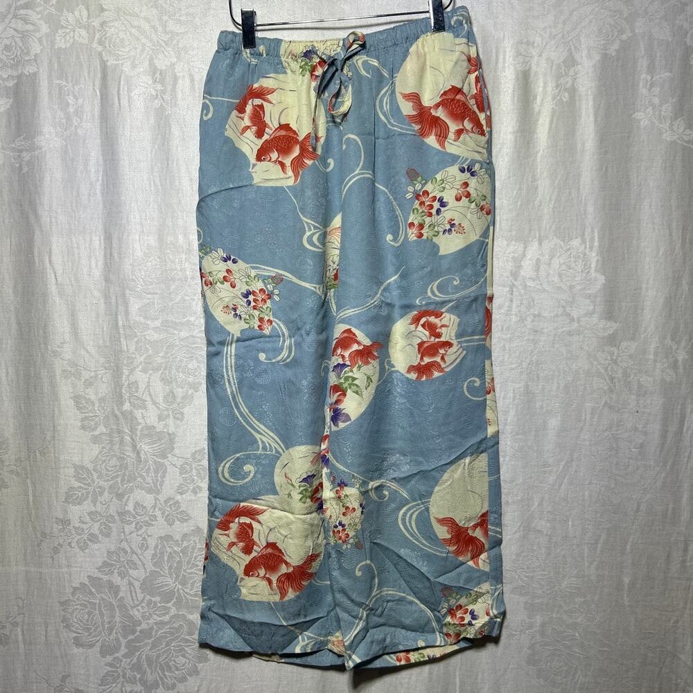 What If Pants Medium Blue 100% Silk Floral Koi Asian Japanese Lounge